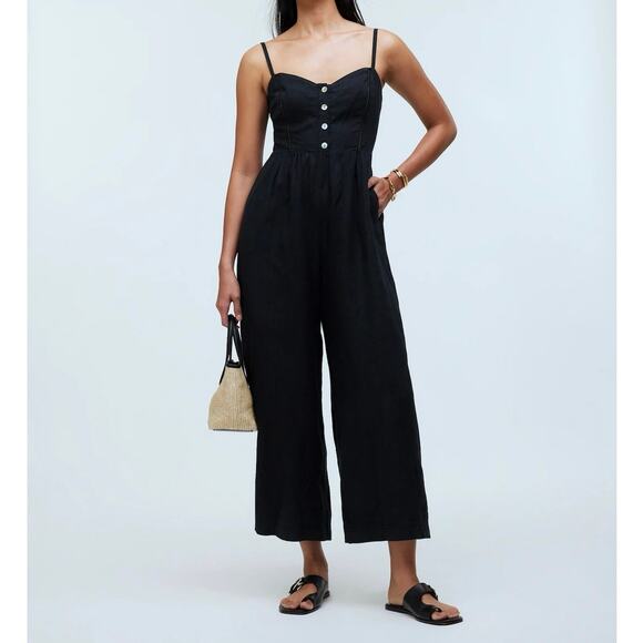 NWT Madewell Sleeveless Wide-Leg Jumpsuit In 100% Linen True Black Size 4 - Picture 1 of 14